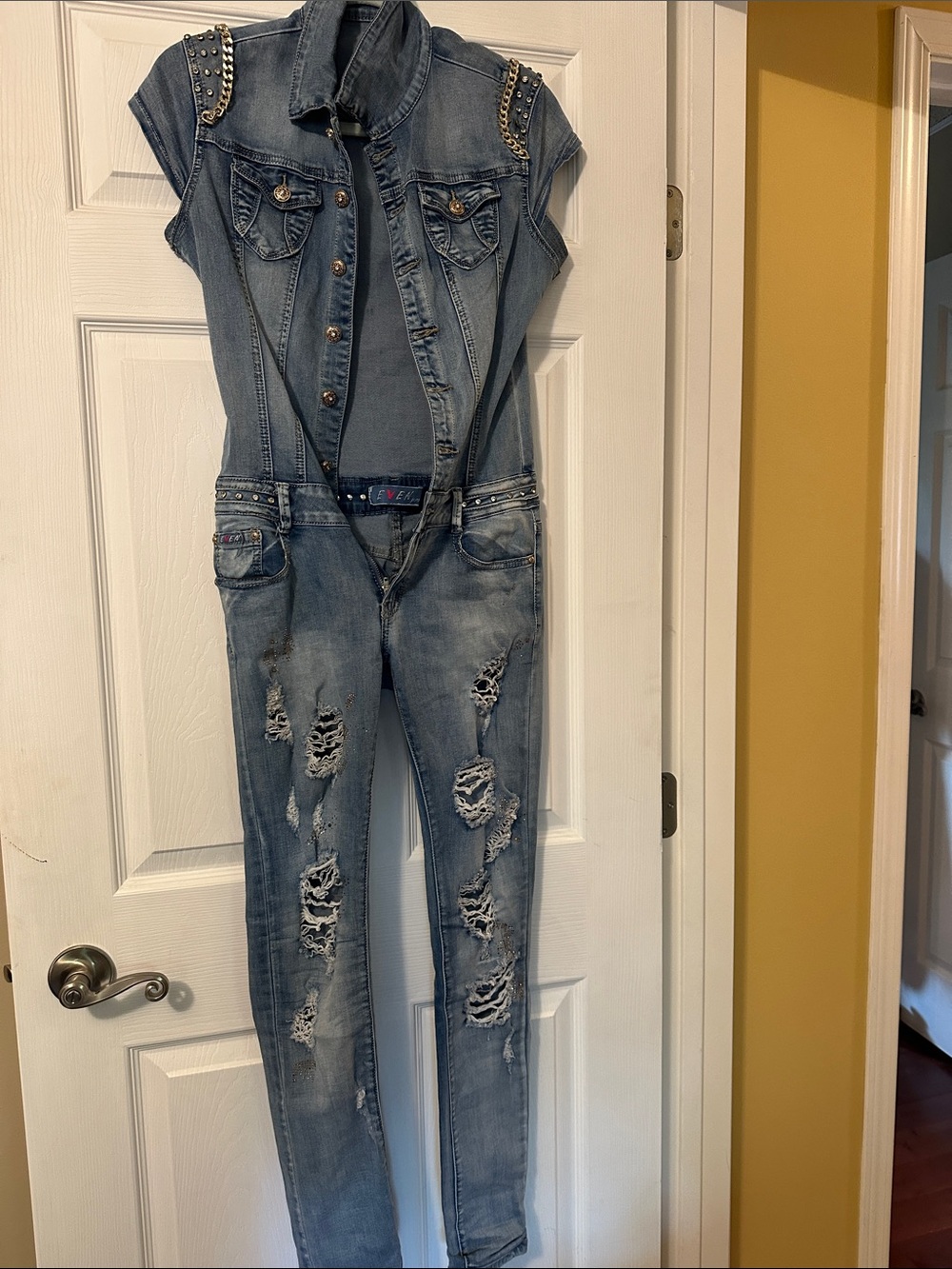 EVEN BEAU Stretch Denim Jumpsuit - Light Blue with Studs